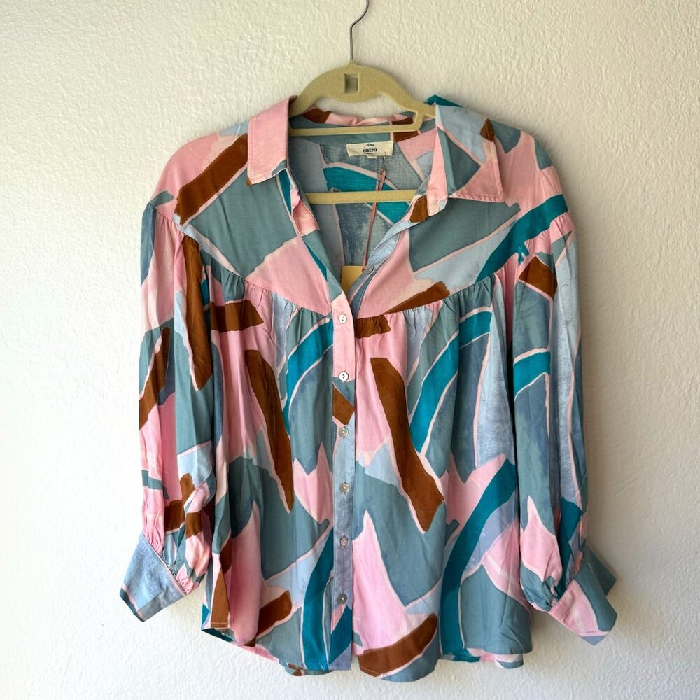NWT Entro Geometric Pattern Lightweight Long Sleeve Blouse Shirt Boutique